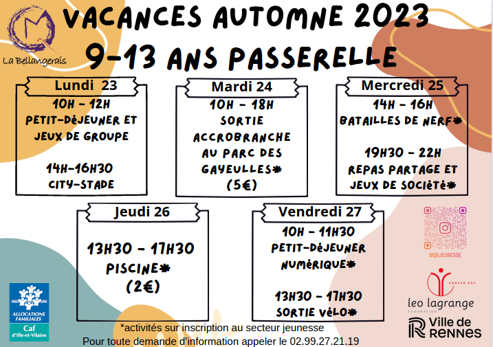 Programme Passerelle 9-13 Vacances Automne 2023 Semaine 1