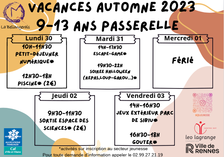 Programme Passerelle 9-13 Vacances Automne 2023 Semaine 2